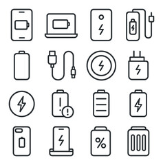Battery & Charging Devices line art icons. Phone battery, laptop battery, portable charger, power bank, battery icon, charging cable, wireless charger, wall adapter, fast charge