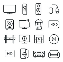 Home entertainment line art icons. TV screen, remote control, surround speaker, DVD player, subwoofer, smart TV icon, HDMI input, streaming stick, wall mount, channel icon, movie