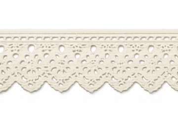 Delicate white lace ribbon displaying ornate floral motifs, featuring scalloped edges and transparent background for versatile design integration