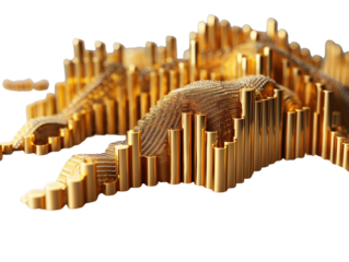 Give real effect from photo. Abstract golden topographic chart made of vertical bars.  Transparent PNG. Ideal for finance, data visualization, or luxury tech concepts.