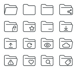 Folder Organization Tools line art icons. open folder, closed folder, new folder, shared folder, locked folder, starred folder, archive folder, download folder, upload folder,