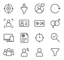 Targeting and Personalization line art icons. Geo targeting, demographic filter, interest segment, retargeting arrow, behavior tracker, user ID, age range, gender icon, device type