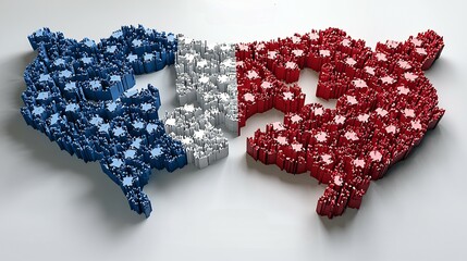 Stylized france map made of blue white and red blocks on a white surface in a studio shot. perfect for educational content, book covers, and creative storytelling.