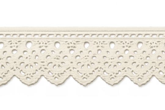 Delicate white lace ribbon displaying ornate floral motifs, featuring scalloped edges and transparent background for versatile design integration