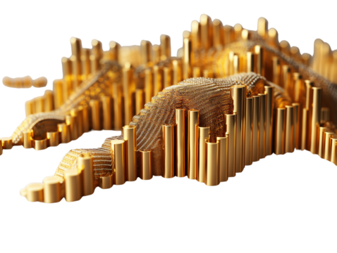 Give real effect from photo. Abstract golden topographic chart made of vertical bars.  Transparent PNG. Ideal for finance, data visualization, or luxury tech concepts.