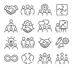 Teamwork and Synergy line art icons. Handshake, group discussion, shared goal, connected puzzle pieces, team chart, collaboration icon, group chat, joint strategy, brainstorming