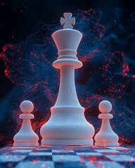 A chess king and two pawns on a chessboard with a digital network background with red and blue lights. perfect for educational content, book covers, and creative storytelling.