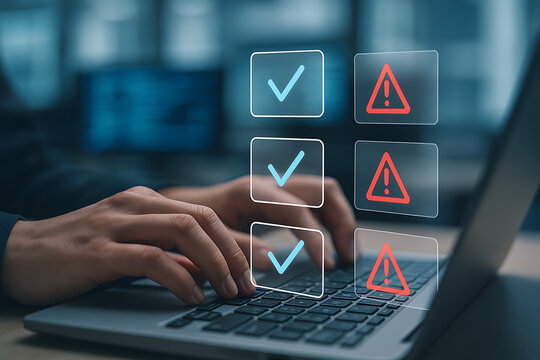 Closeup of hands typing on laptop with virtual checkmarks and warning icons representing cybersecurity audit task status system error detection risk assessment and digital compliance interface