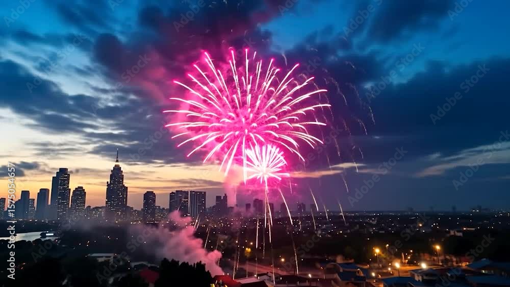 Poster night cityscape with vibrant pink fireworks display over city skyline against twilight sky creating 