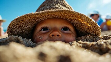Close up shot of a smiling child buried in sand wearing a straw hat at the beach against a blue sky background and blurry silhouettes of people - Powered by Adobe