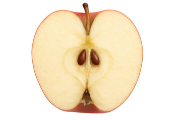 Red apple cross section displaying inner seeds, stem, white flesh on clean transparent backdrop