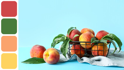 Basket of fresh peaches on blue background