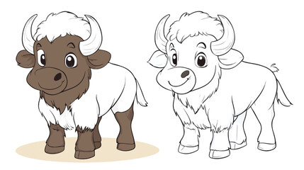 Cute Little Bison Cartoon Character Coloring Page for Kids