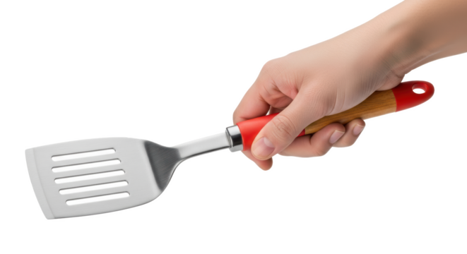 A hand holding a metal spatula with a wooden handle against a black background in a studio shot