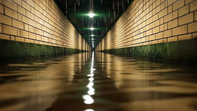A rain-soaked alleyway with brick walls reflects overhead lights and falling rain drops creating a moody atmosphere