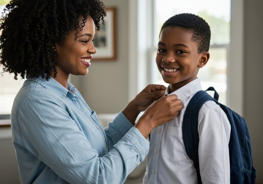 A mother helps her son button his shirt before school, sharing a sweet moment.