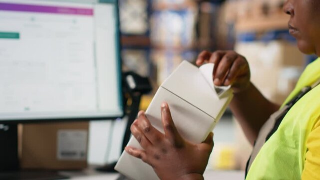 Black woman packing goods and applying shipping labels on boxes, creating awb tracking numbers on tags for easy distribution. Worker using adhesive airway bill stickers. Camera B.