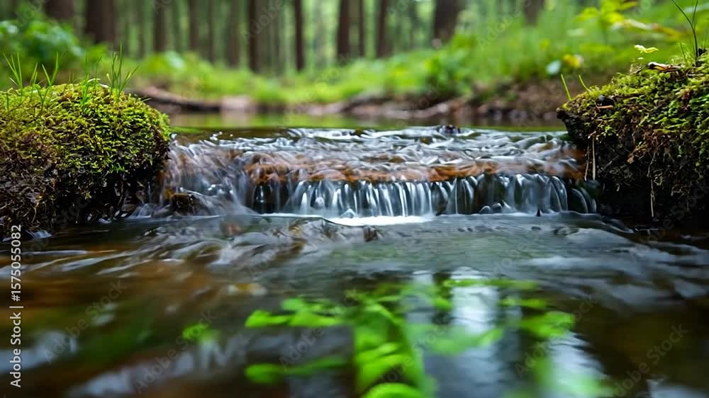 Aufkleber close-up shot of a small waterfall cascading over mossy rocks in a lush green forest. sunlight filte