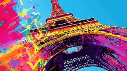 Low-angle view of French Tower rendered in vivid, saturated colors with abstract paint-like strokes in background over a clear blue sky. Generative by AI