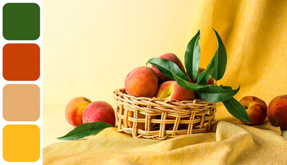 Wicker basket of fresh peaches on beige background
