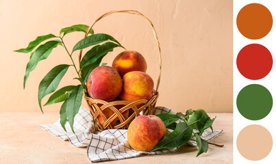 Wicker basket with sweet ripe peaches on beige background. Different color patterns