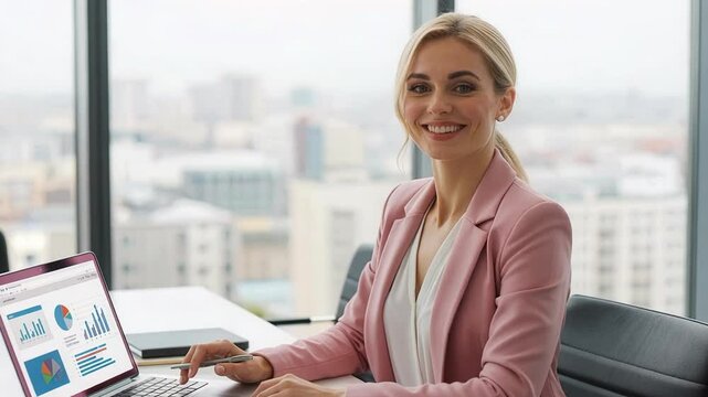 Professional businesswoman smiling confidently during meeting preparation