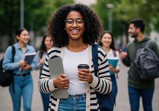 Happy student with friends on campus carrying coffee and a laptop