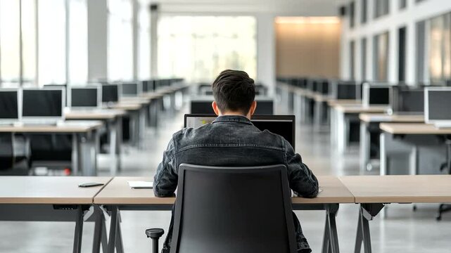 Person working at a desk in a computer lab