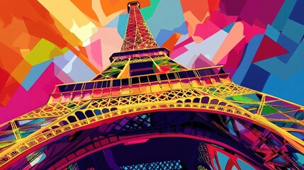 Low-angle view of French Tower rendered in vivid, saturated colors with abstract paint-like strokes in background over a clear blue sky. Generative by AI