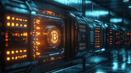 Futuristic corridor with glowing bitcoin and dollar coin symbols on walls, evoking digital vault or crypto-based financial infrastructure in a high-tech environment. Generative by AI