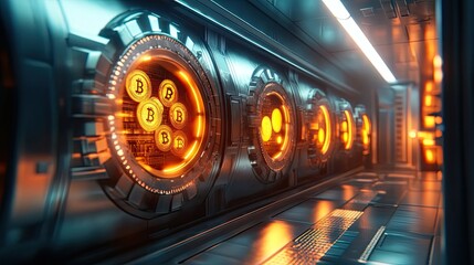 Futuristic corridor with glowing bitcoin and dollar coin symbols on walls, evoking digital vault or crypto-based financial infrastructure in a high-tech environment. Generative by AI