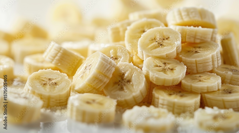 Poster isolated peeled banana slice falling against a white background, featuring a full depth of field and