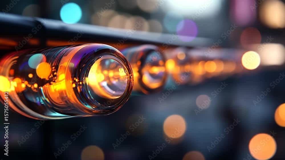 Aufkleber close-up view of illuminated transparent glass cylinders or lenses arranged in a row against a blurr