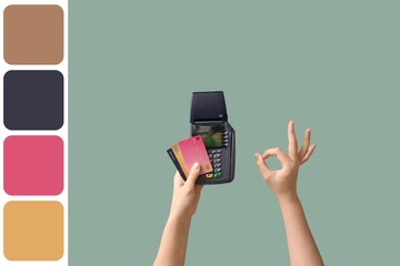 Hands with credit cards and payment terminal showing OK gesture on grey background. Different color...