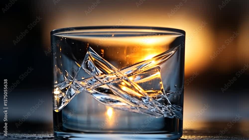 Poster close up shot of a clear glass with water and internal crystal shards with golden light in the backg