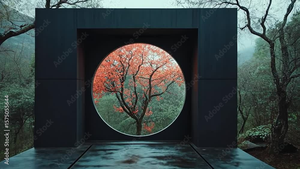 Poster abstract architectural structure with a circular window revealing a vibrant tree against a natural g