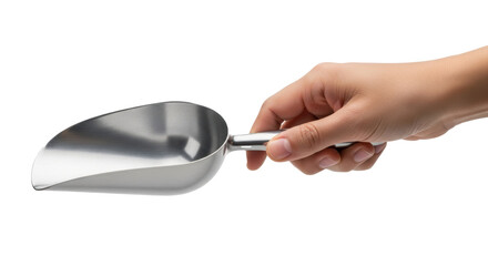 A hand holding a shiny metal scoop with a cylindrical handle against a dark black background plain backdrop