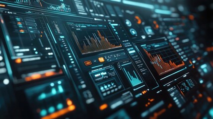 Wall of illuminated data panels shows bar graphs, charts, market stats, and analytics for crypto finance systems in a modern control center interface. Generative by AI