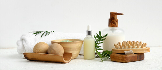 Composition with cosmetic products, spa accessories and plant branches on light background