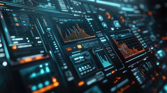 Wall of illuminated data panels shows bar graphs, charts, market stats, and analytics for crypto finance systems in a modern control center interface. Generative by AI