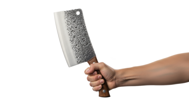 A hand holding a large meat cleaver with a wooden handle against a black background in a studio shot - Powered by Adobe