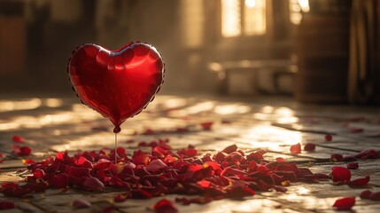 Romantic Heart Balloon Amidst Rose Petals in Sunlit Room