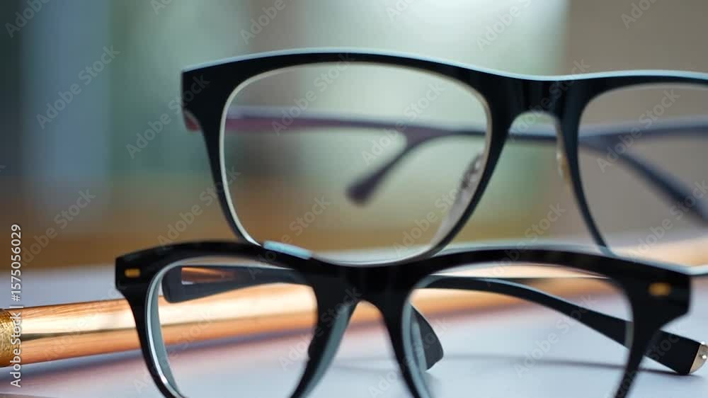 Poster close-up of two pairs of eyeglasses with black frames resting on a surface with a golden pen. select