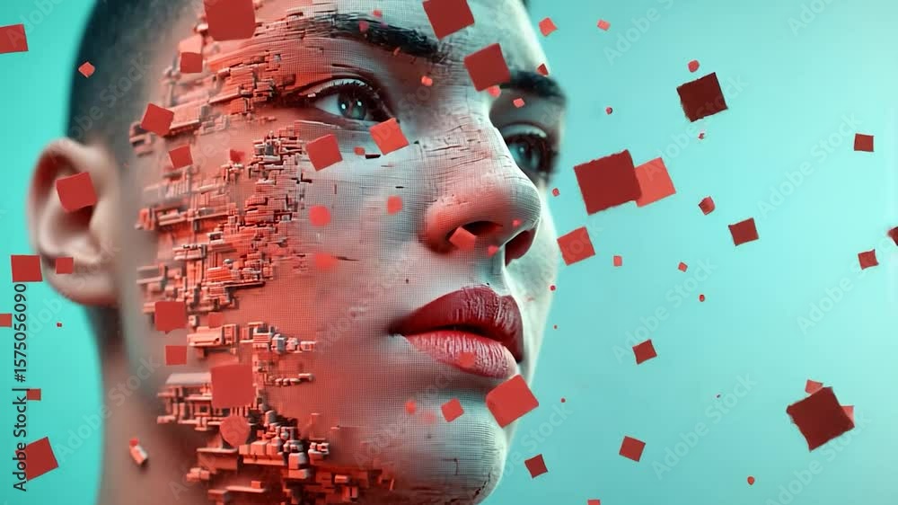 Poster close-up of a person with fragmented facial features red cubes and geometric design against a teal b