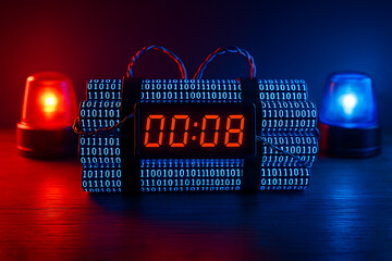 Cybersecurity concept with digital countdown time bomb wrapped in binary code and red blue alarm lights symbolizing hacking threat data breach ransomware or cyberattack warning in digital world