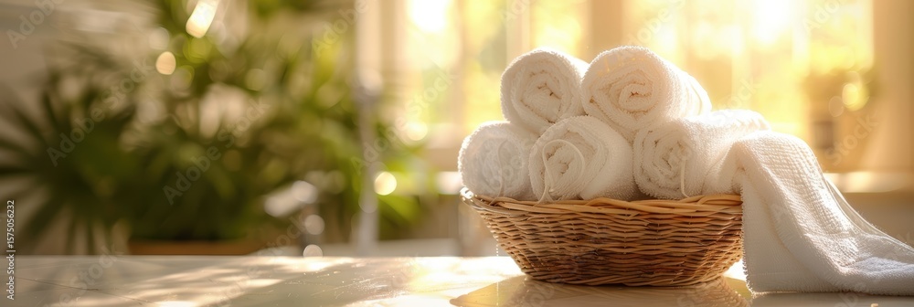 Poster fresh towels in a basket on a light table against a bright backdrop with an open space