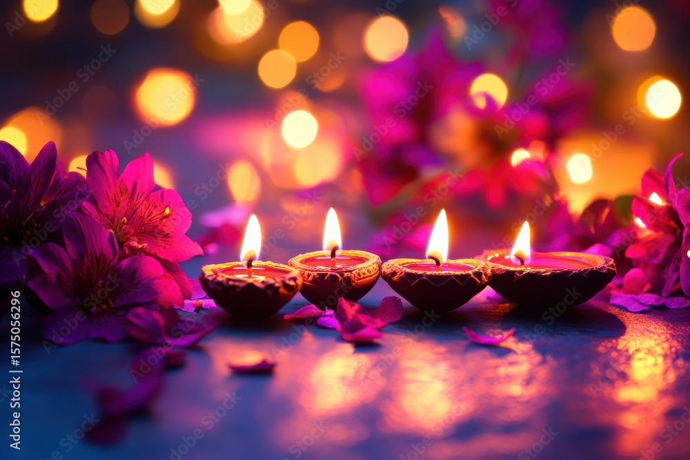 Poster close up of four lit diyas with pink flowers and bokeh lights in the background creating a warm glow
