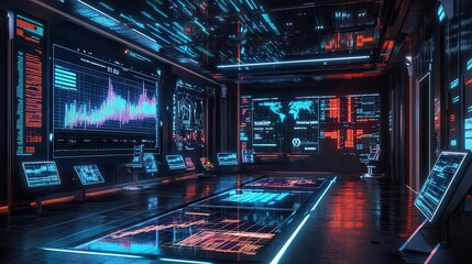 Modern trading control room with panoramic city view displays illuminated crypto analytics, stock data, charts, and blockchain metrics on wall-sized monitors. Generative by AI