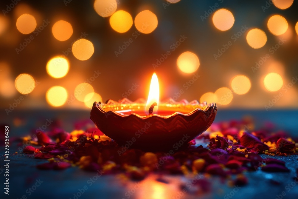 Poster lit diya on a bed of flower petals with blurred bokeh lights in the background creating a warm ambie