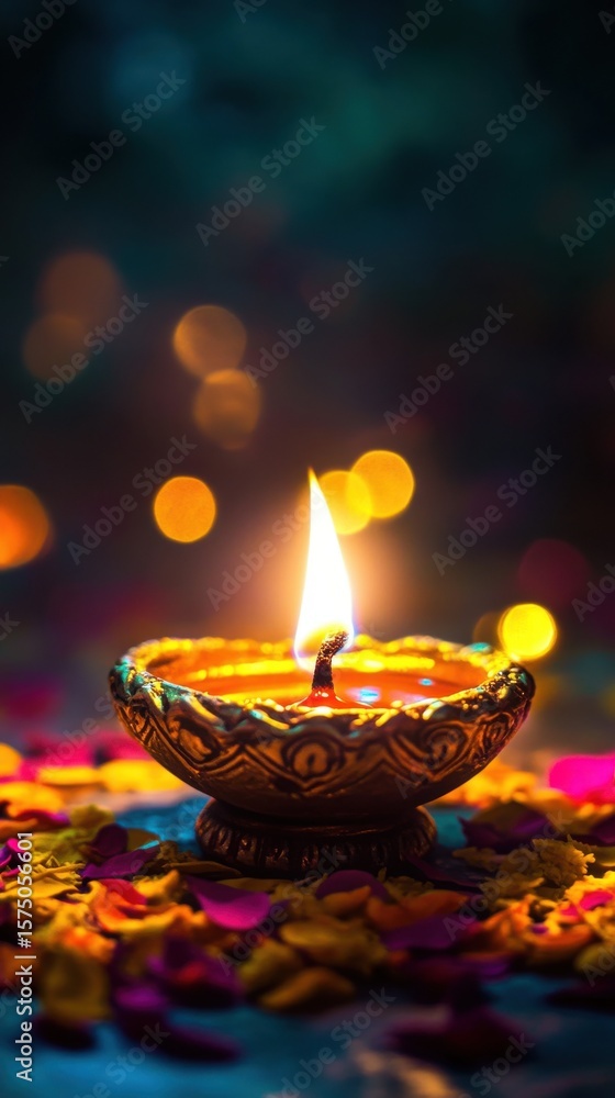 Poster close up of a diya lamp with a flame surrounded by flower petals and bokeh lights in the background